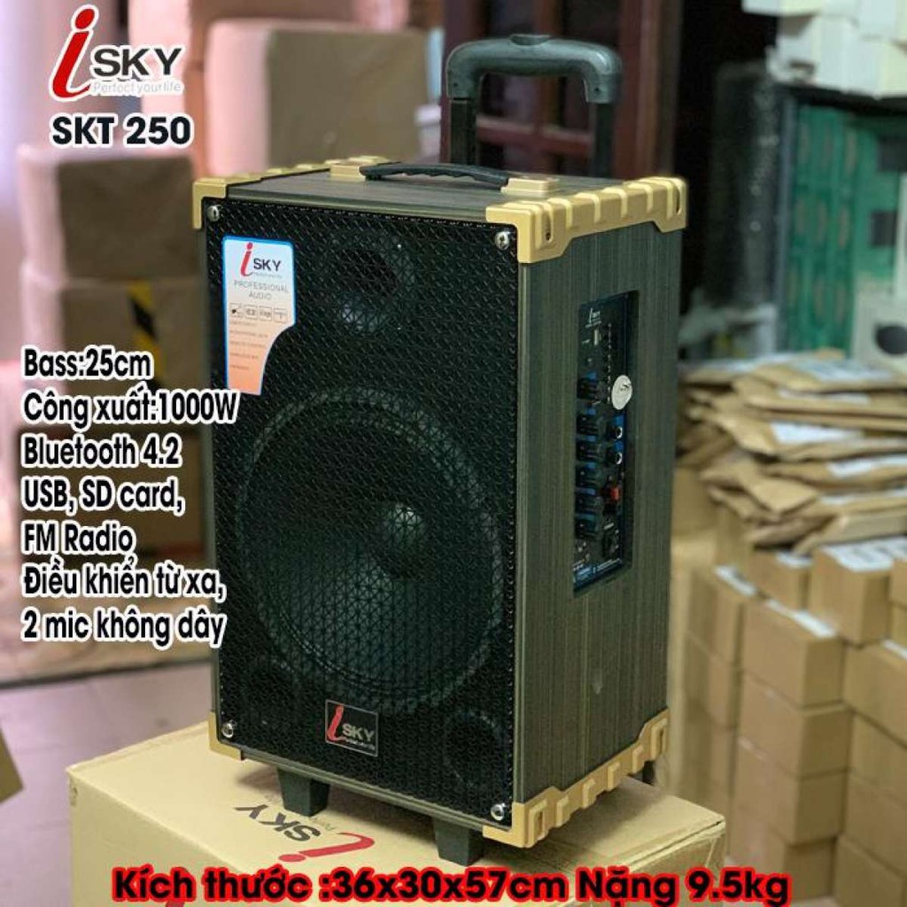 Loa Kéo Karaoke Cao Cấp ISKY SKT-250 Công Suất 1000W Siêu Bass 25cm Bluetooth 4.2 Âm Thanh 3D HIFI - Hàng Nhập Khẩu Chính Hãng