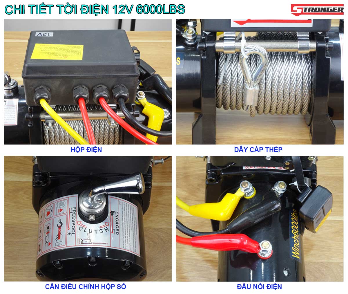 Tời điện kéo xe lực kéo 6000lbs tải trọng kéo 2600kg, cáp 5.5ly dài 15m, phanh cơ khí, động cơ 12V DC