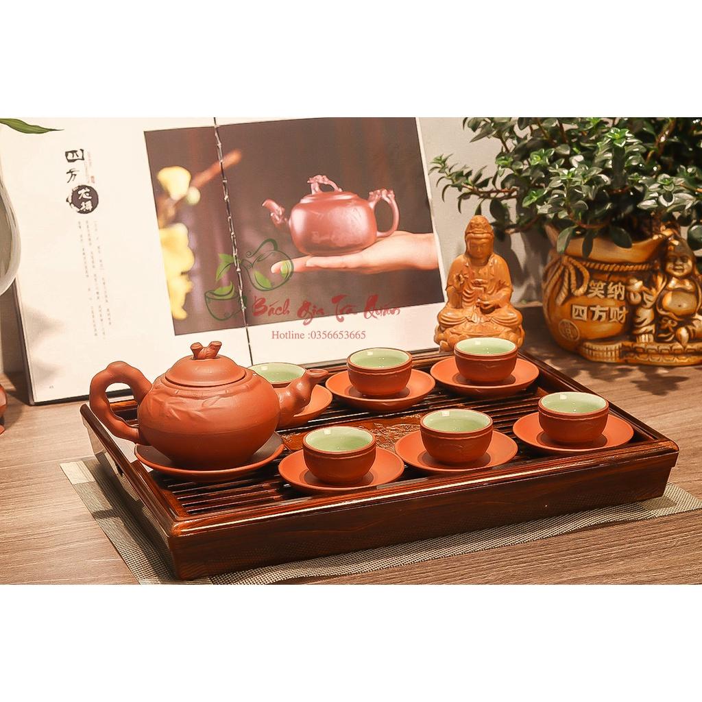 Bộ Ấm Chén Gốm Tử Sa Bát Tràng - Họa Tiết Trúc Đắp Nổi ACBT05