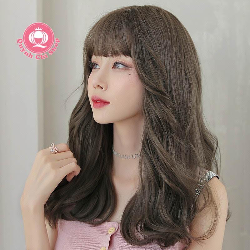 Tóc giả nguyên đầu CAO CẤP, tóc giả gợn sóng dài chạm vai có mái thưa phong cách Hàn Quốc – tặng lưới tóc