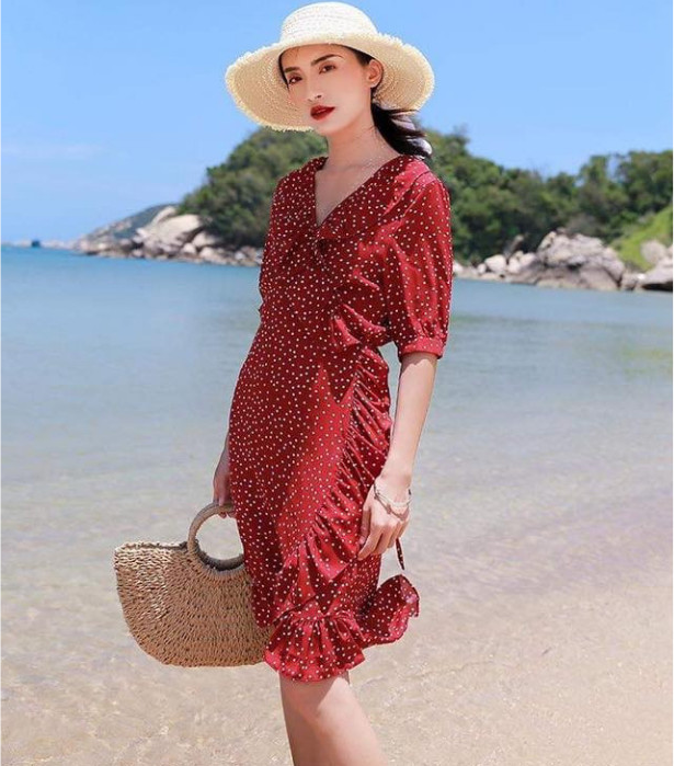 Đầm suông bi đỏ lụa đắp chéo cột nơ bên eo