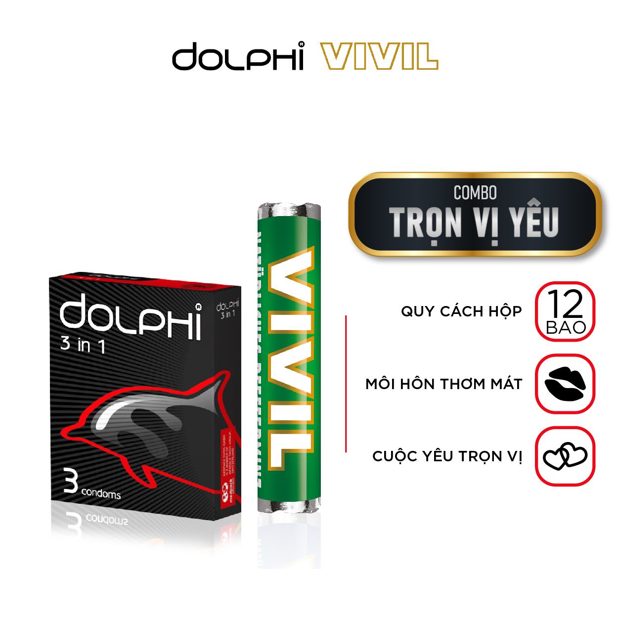 Combo Trọn Vị Yêu - BCS Siêu Mỏng Tự Nhiên Dolphi 3 In 1 (Hộp 3 Bao) + Kẹo Ngậm Hương Bạc Hà-Vivil (Thỏi 29g)