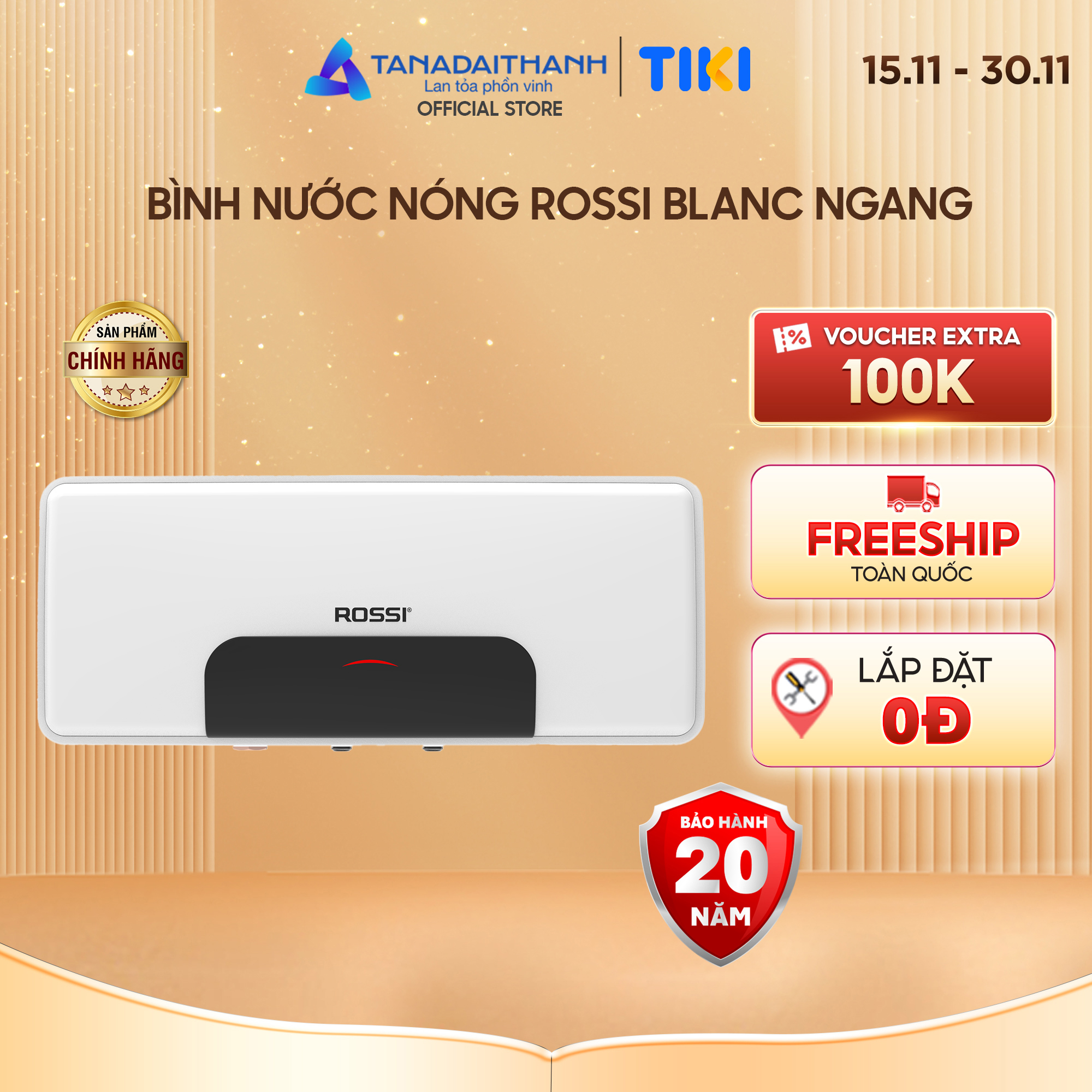 Bình nóng lạnh gián tiếp Rossi Blanc Ngang (15/20/30 Lít) - Chính hãng, Bảo Hành 20 năm