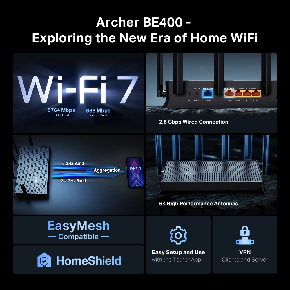 Router WIFI 7 TP-Link BE400 | WIFI 7 BE6500 2 băng tần 2.4 &amp; 5.0 GHz | 6 anten | EasyMesh | App Tether | Bảo hành 2 năm | Hàng Chính Hãng