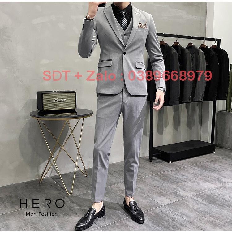 Bộ Vest Nam Cao Cấp màu Ghi Xám chất vải dày dặn, Bộ Suit Nam Hàn Quốc Màu Ghi Xám
