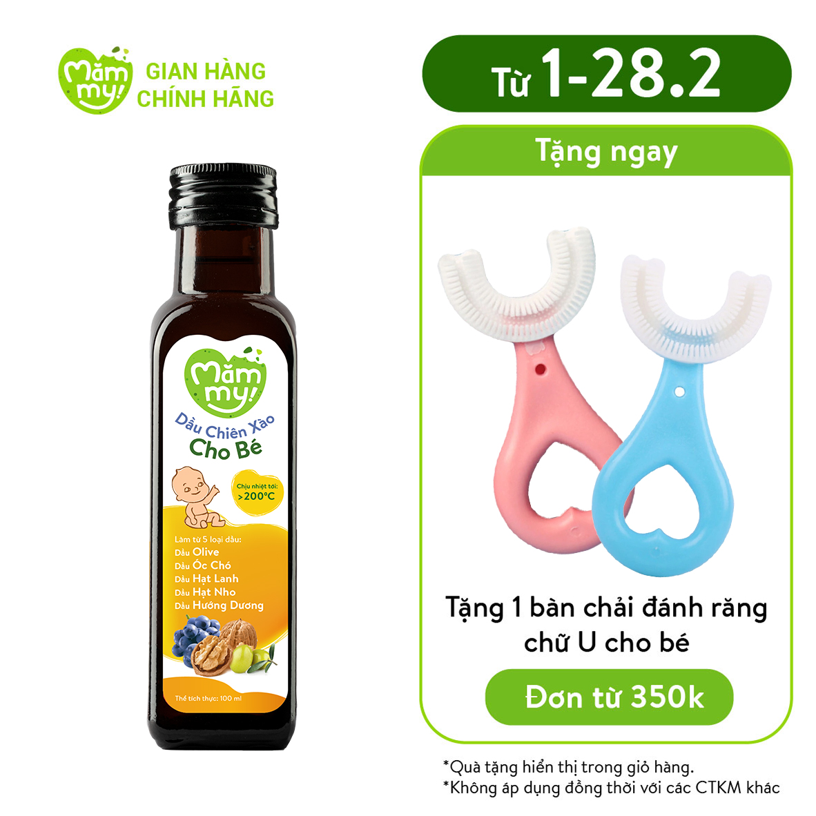 Dầu chiên xào cho bé Mămmy 100ml chịu nóng trên 200 độ C, làm từ 5 loại dầu tốt lành