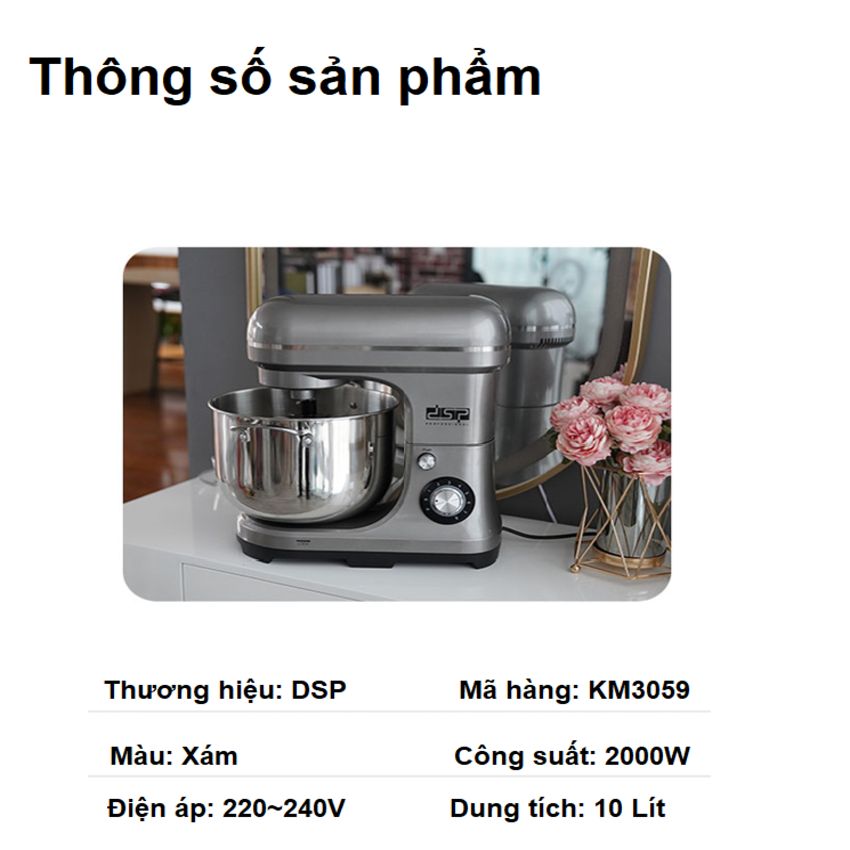 Máy trộn bột, đánh trứng 10 lít cao cấp DSP KM3059 - Công suất 2000W - 8 mức độ vận hành - HÀNG NHẬP KHẨU