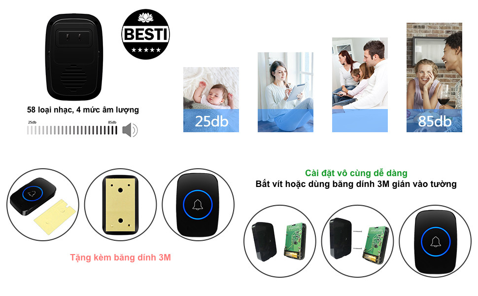 Chuông Cửa Không Dây Thông Minh Besti , Chống Nước Khoảng Cách Sử Dụng Trong 300M - Hàng Chính Hãng