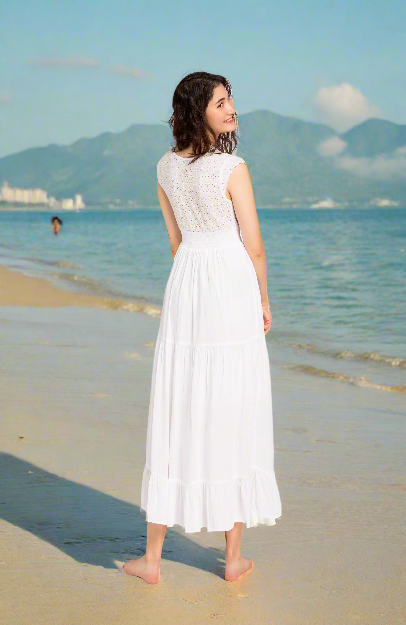 Đầm Maxi Trắng Cotton Dài Đi Biển Du Lịch Resorts Tiên DRE066 Thời trang Hity