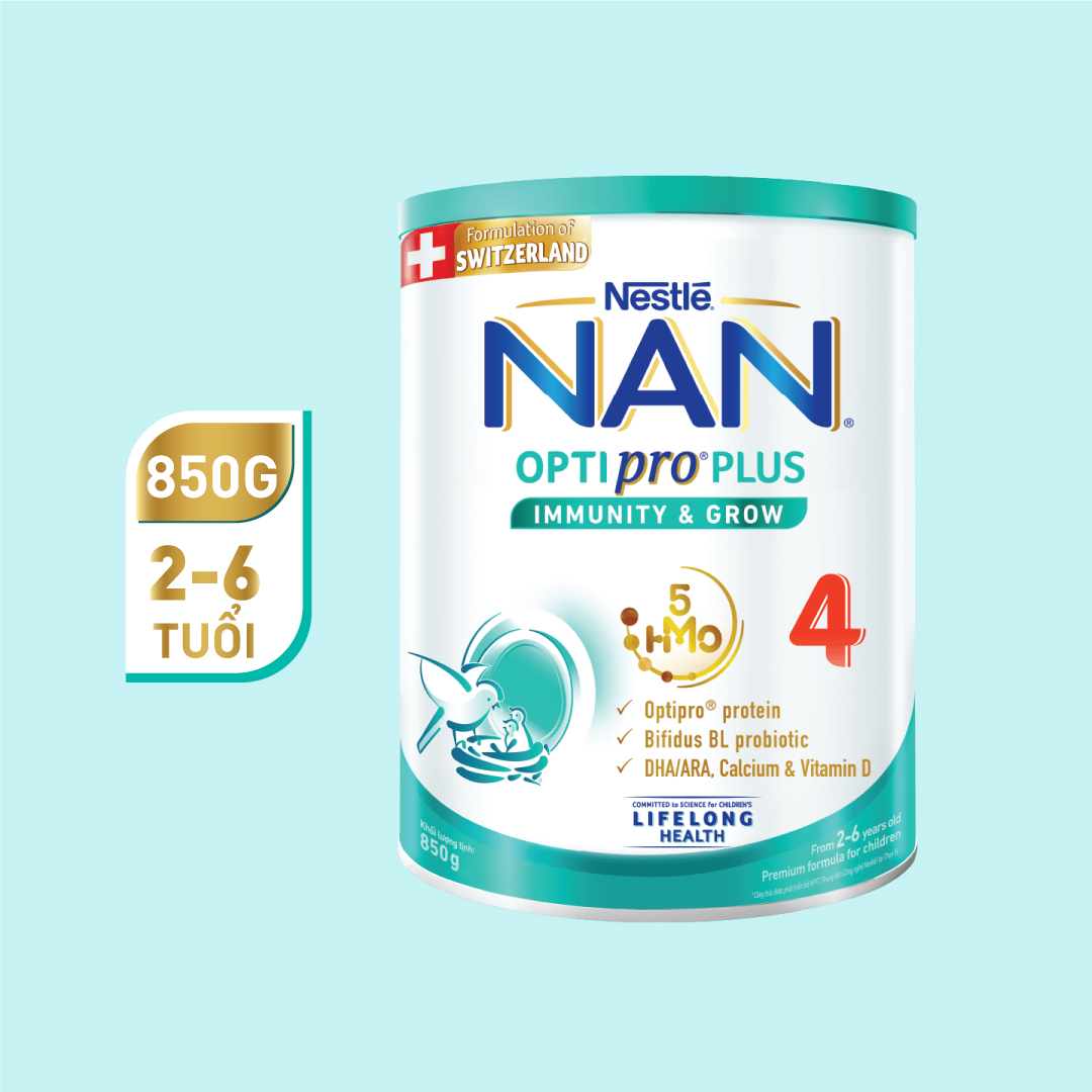 Bộ 2 Lon Sữa Bột Nestlé NAN OPTIPRO PLUS 4 850g/lon với 5HMO Hỗ trợ Đề Kháng - Tiêu Hóa - Trí Não &amp; Chiều Cao (Dành cho trẻ từ 2-6 tuổi) - Tặng Bàn là hơi nước màu xanh