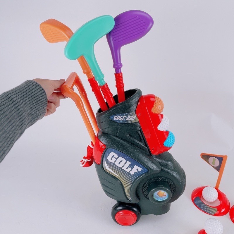 Bộ đồ chơi gậy đánh golf mini cỡ lớn cho bé vui chơi vận động kèm túi xách có bánh xe dễ di chuyển, quà tặng sinh nhật