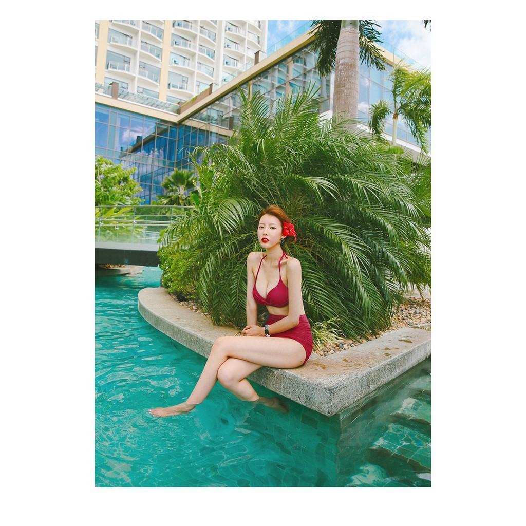 Bikini tắm biển 2 mảnh màu đỏ, quần cạp cao