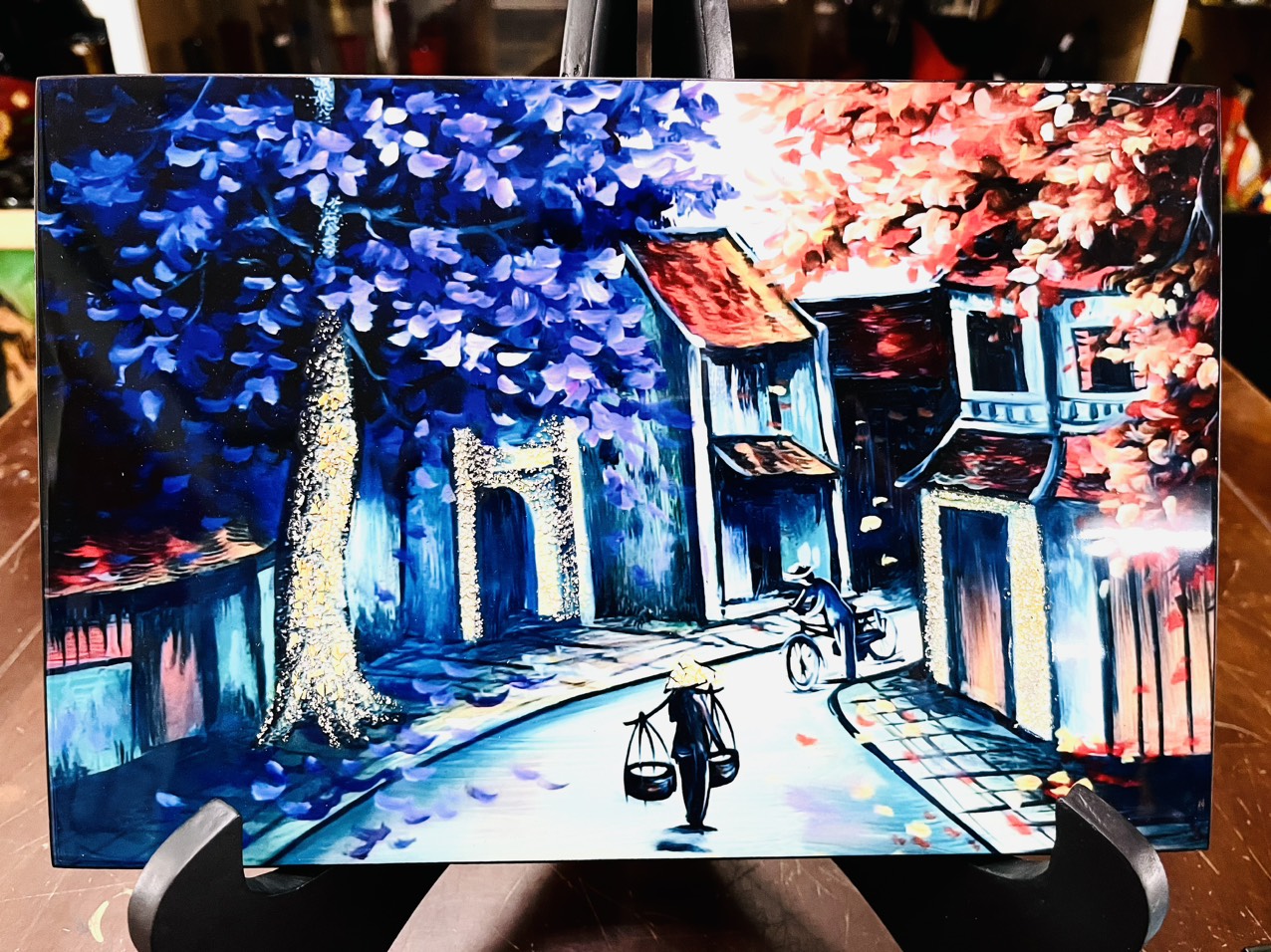 Tranh sơn mài phố cổ vẽ màu cẩn trứng đẹp Thanh Bình Lê size 20x30 cm