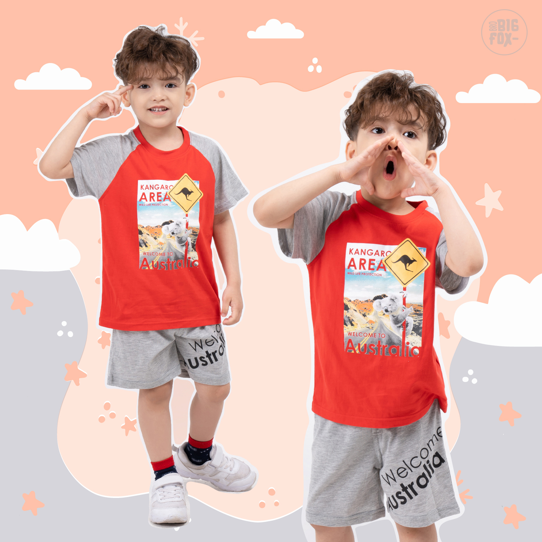 Đồ bộ bé trai cộc tay BIGFOX - MISS MEOW size đại chất cotton phong cách Âu Mỹ in hình Australia 11 - 37 kg QATE