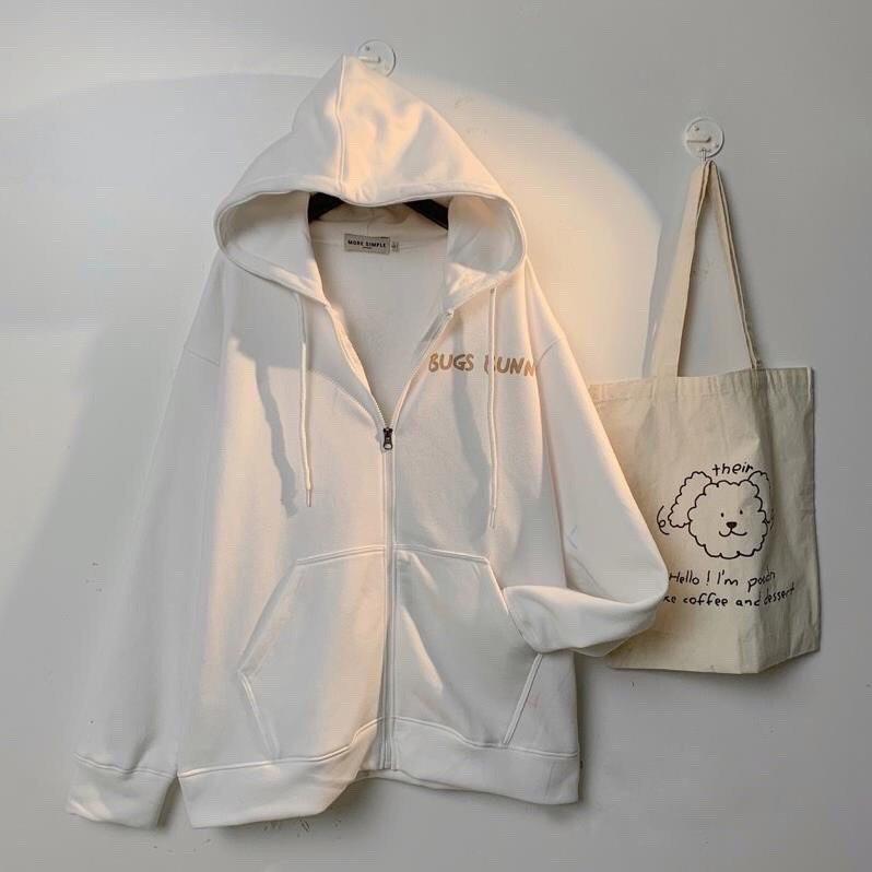 Áo khoác nam nữ Thỏ Bunny dài tay có mũ nỉ bông khóa kéo đen trắng unisex form rộng hoodie hàn quốc