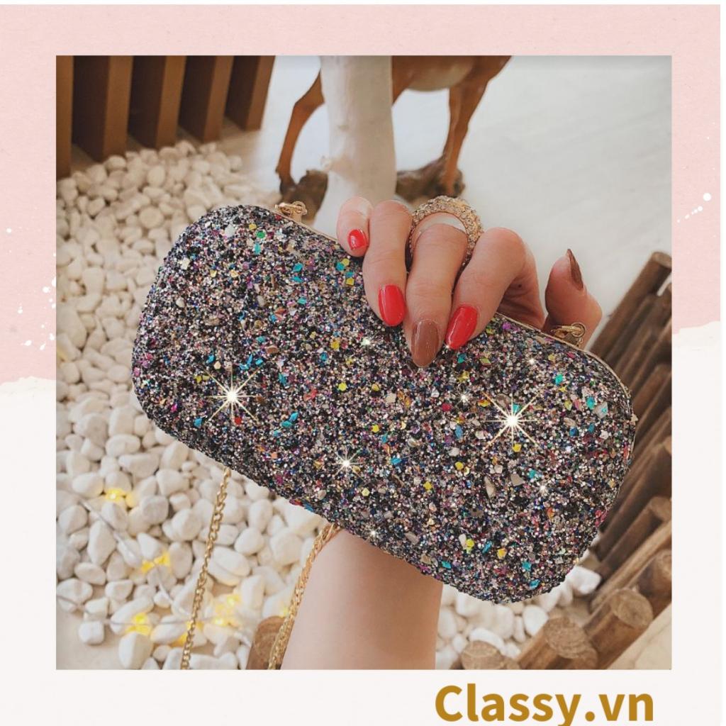 Clutch Classy cầm tay đi tiệc hình thoi , đính kim tuyến lấp lánh T590