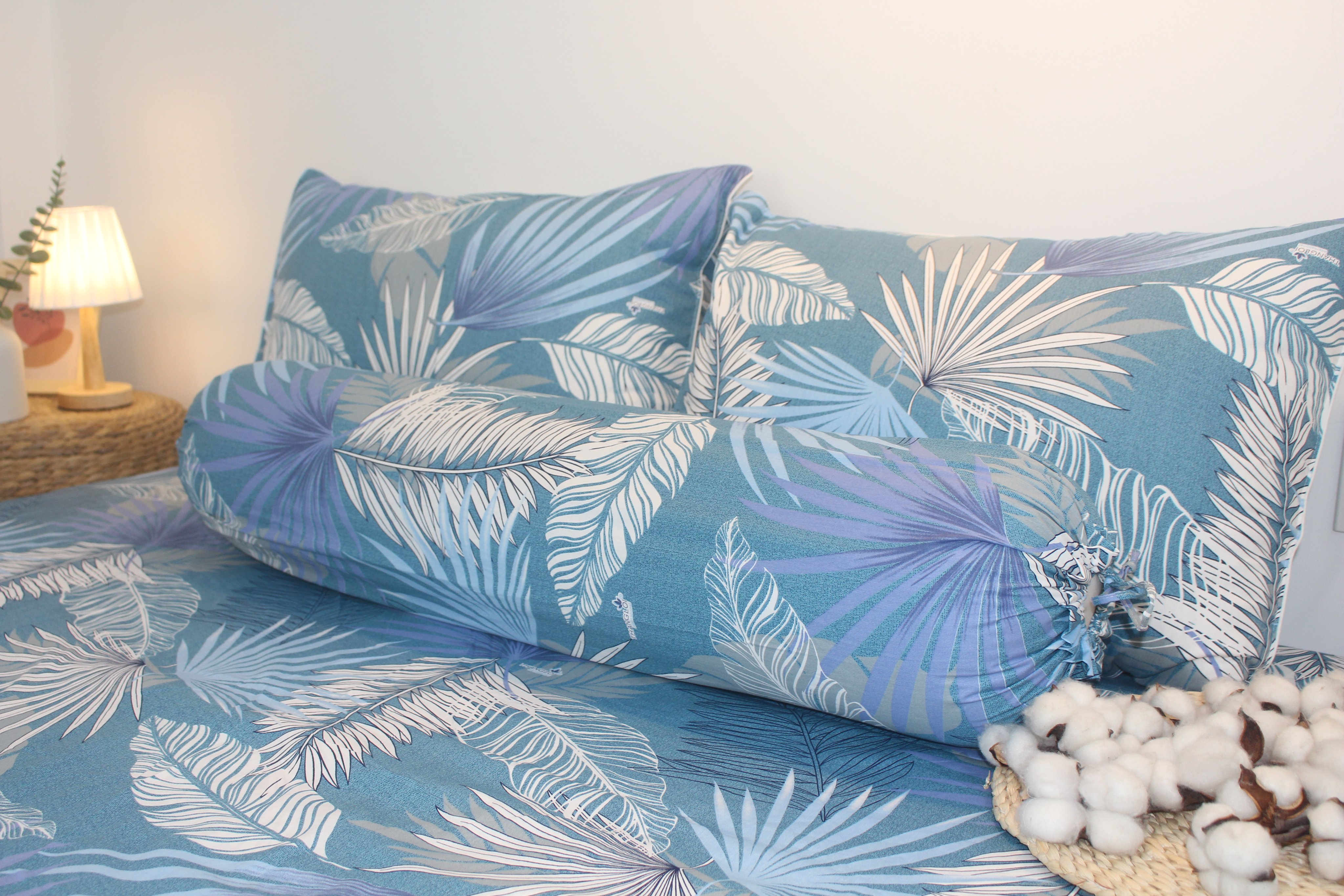 Bộ Drap Gối Cotton - Lá Cọ Xanh- vải dày dặn, mát mẻ, siêu thấm mồ hôi