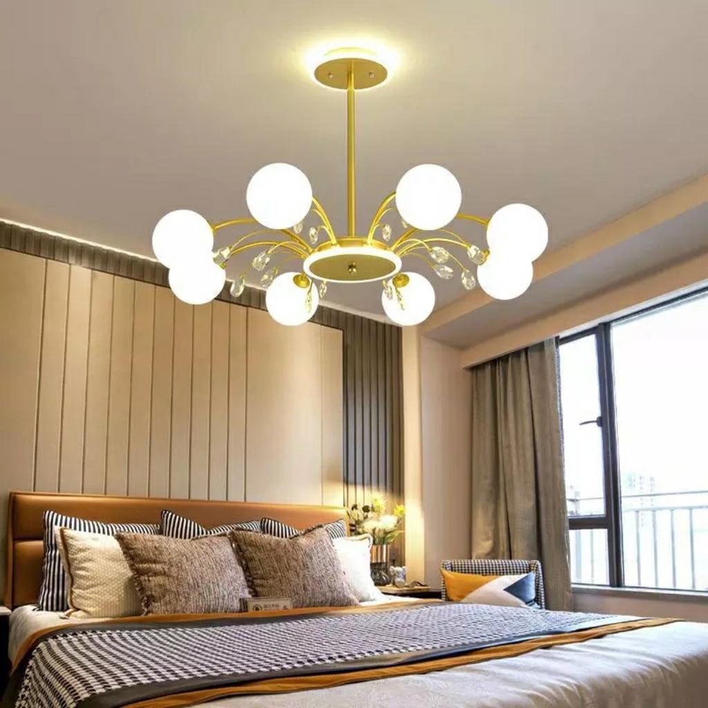 Đèn phân tử đèn chùm Bếp nhà hàng phòng ăn bóng thủy tinh trắng đục 11 bóng thân vàng Spunik chandelier đẹp