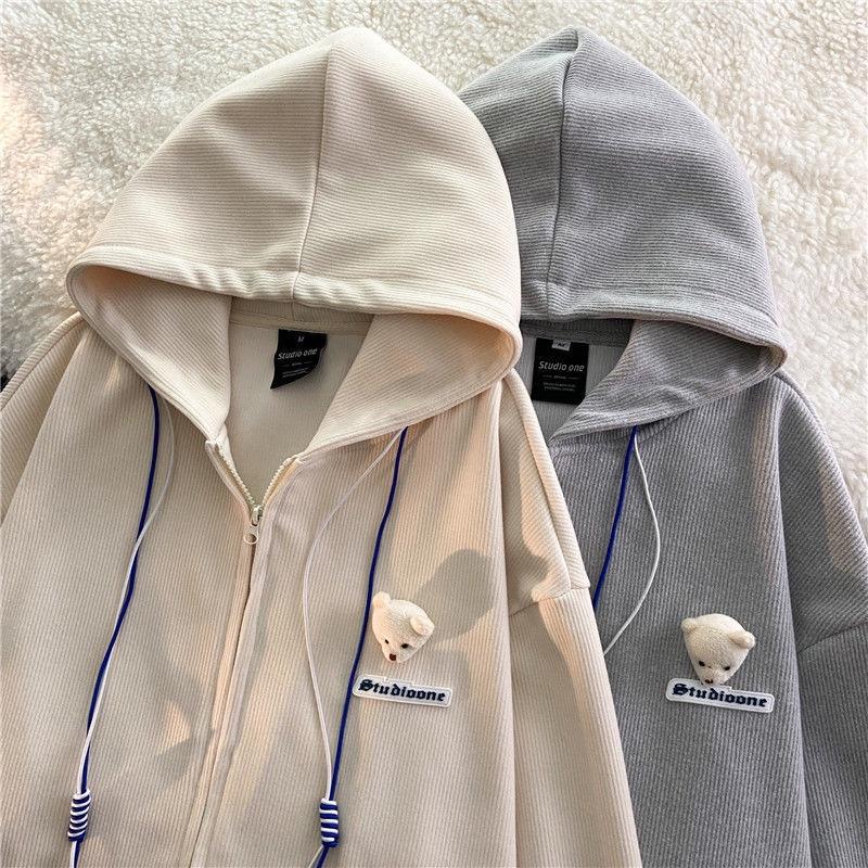 Áo Khoác Nỉ Dáng Rộng Nam Nữ Hoodie Zip Unisex Hình Gấu Studio Nỉ Gân 2 Màu