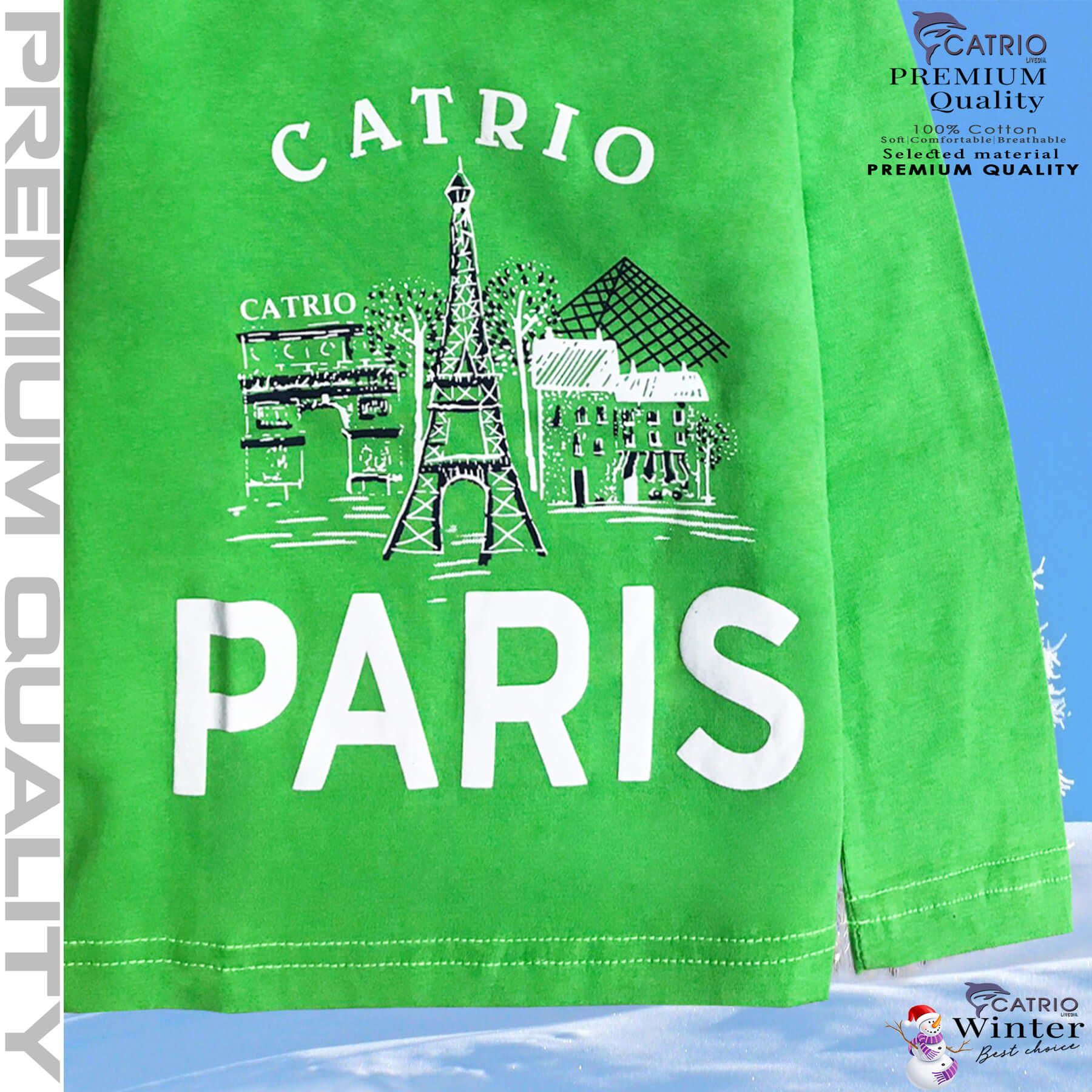 ÁO THUN DÀI TAY BÉ TRAI CATRIO in PARIS màu XANH CỐM là áo phông tay dài trẻ em từ 8kg 10kg 12 kg .. 23kg cổ tròn vải dệt kim co giãn 4 chiều + quần dài cotton thành bộ đồ thu đông cho bé rất đẹp