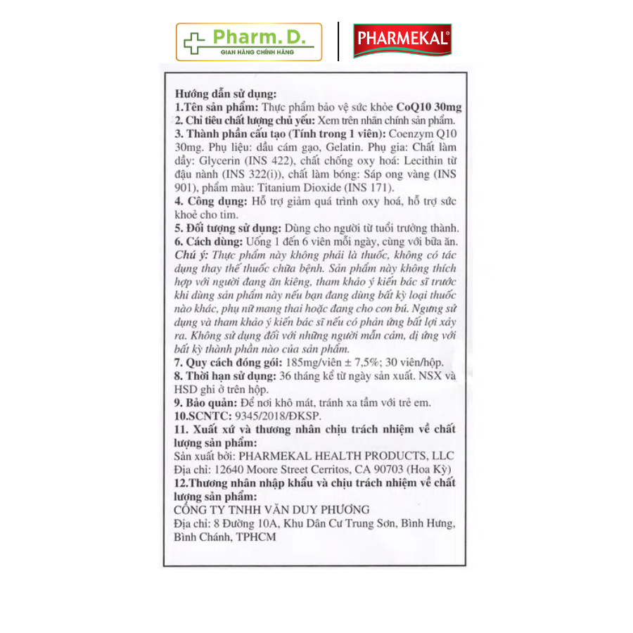 Viên Uống Hỗ Trợ Tim Mạch, Giảm Cholesterol PHARMEKAL Coenzyme Q10 Ngăn Ngừa Lão Hóa