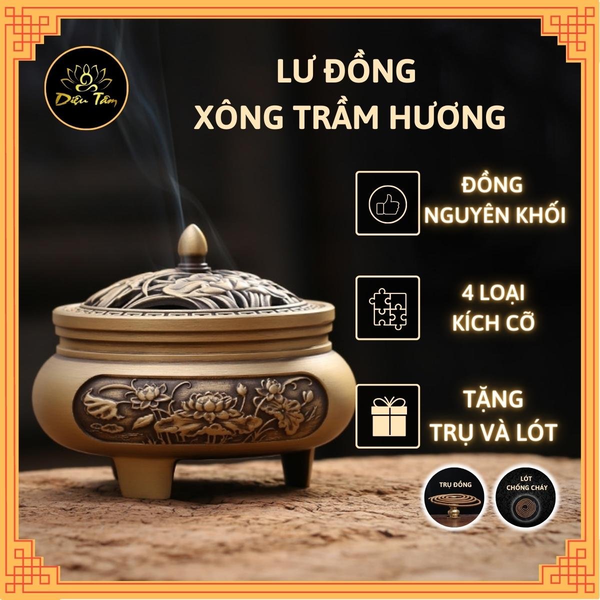 Lư đồng xông trầm - lư đốt trầm thay cho thác khói trầm hương, đồ thờ cúng shop Diệu Tâm mẫu Lư 3 chân khắc sen