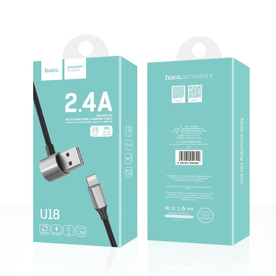 Cáp sạc đa năng Lightning + Micro USB Hoco U18 - Hàng chính hãng