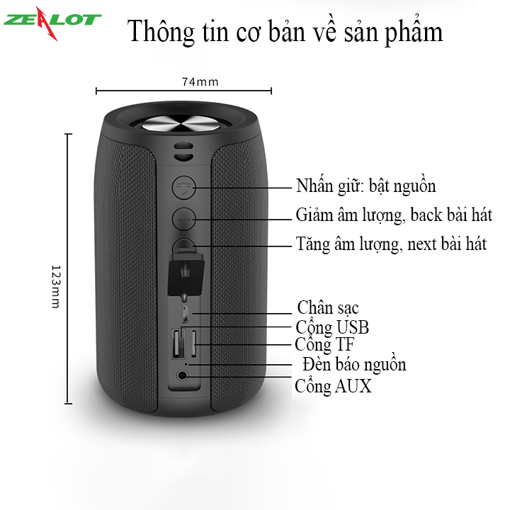 Loa bluetooth Zealot hàng chính hãng với phiên bản bluetooth, 5.0 màng loa kép cho âm thanh 3D sống động cực hay, kết nối ổn định