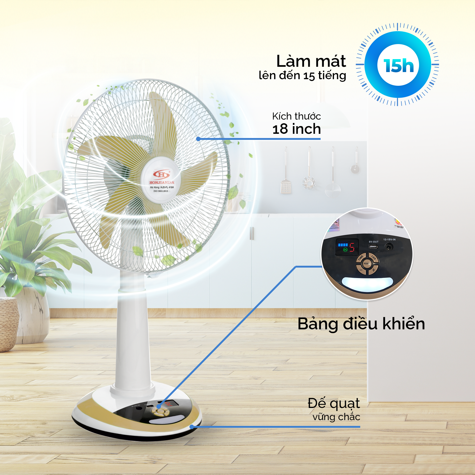 Quạt Sạc Tích Điện 16 Inch Honjianda HJD-FL416H Tích Hợp Đèn LED Và Cổng Sạc USB - Màu Ngẫu Nhiên - Hàng Chính Hãng