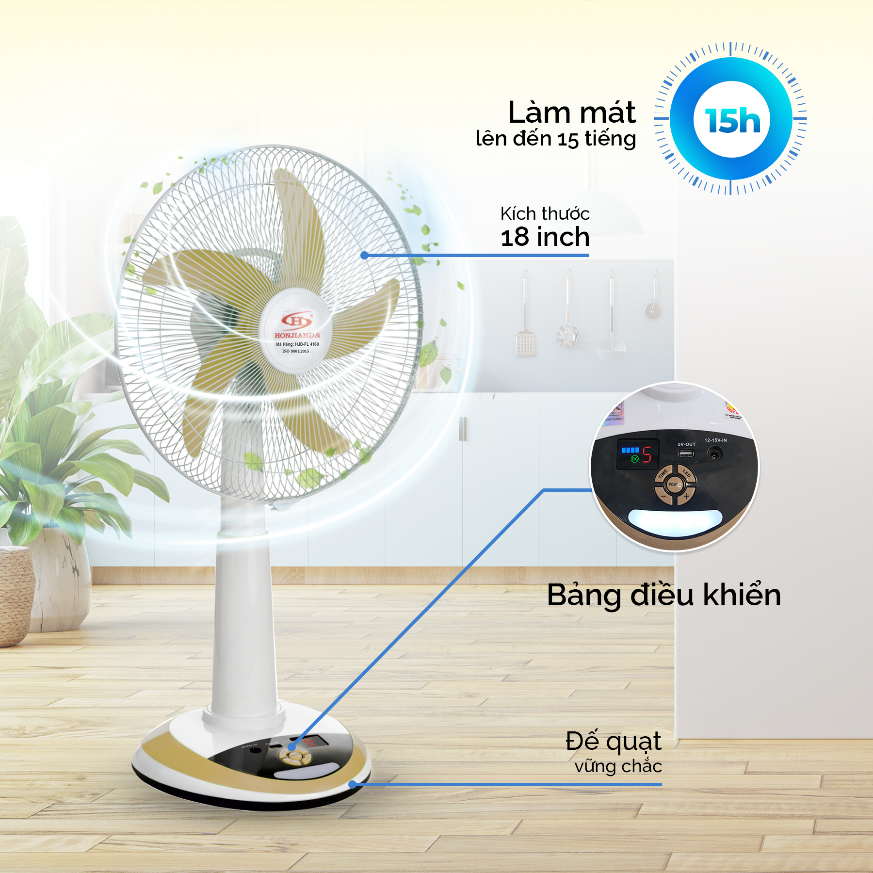 Quạt Sạc Tích Điện 16 Inch Honjianda HJD-FL416H Tích Hợp Đèn LED Và Cổng Sạc USB (2 Bình Ắc Quy Khô) - Màu Ngẫu Nhiên - Hàng Chính Hãng