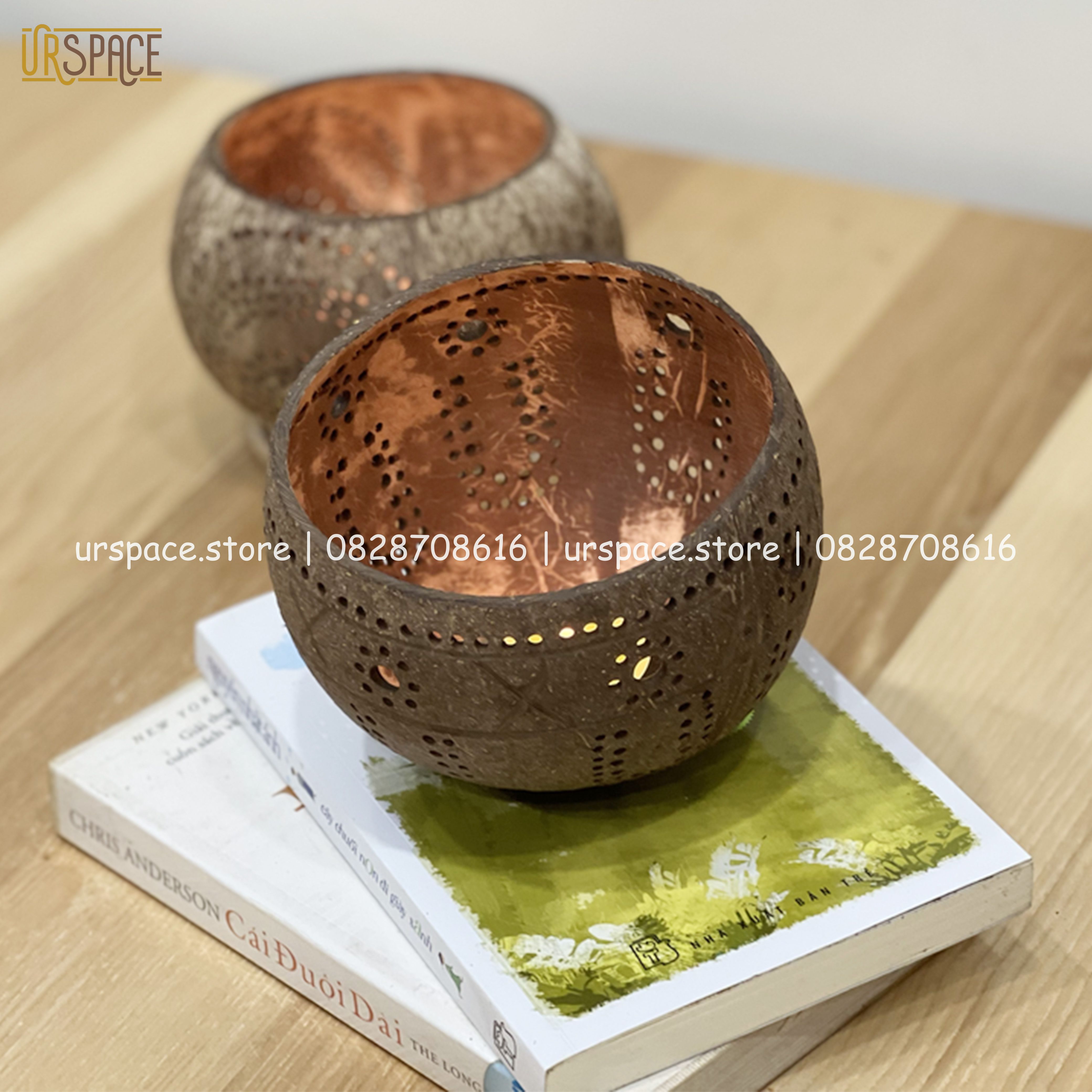 Đèn gáo dừa đèn Trung thu, đèn Hallowen, đèn trang trí spa kèm nến/ Coconut shell candle holder for home decor