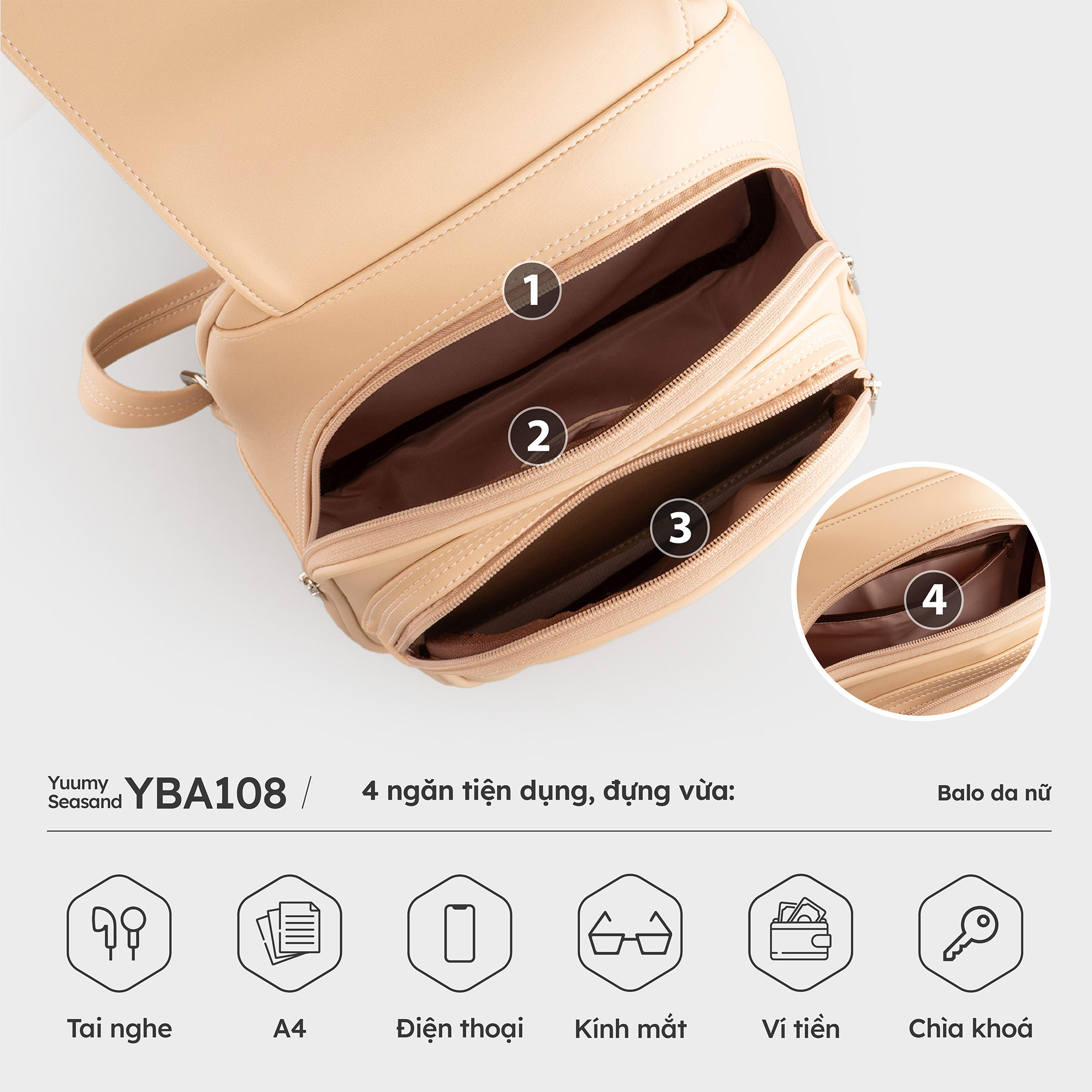 Balo Yuumy ( Thời trang nữ đựng phối nắp gập - Balo da Seasand YBA108 )