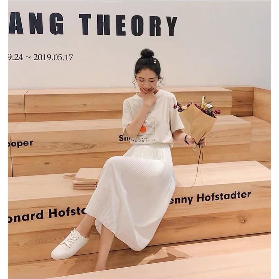 Chân váy xếp ly trắng dài midi