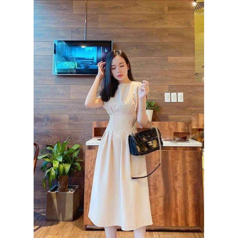 Đầm váy nữ midi xòe xếp li eo TKN