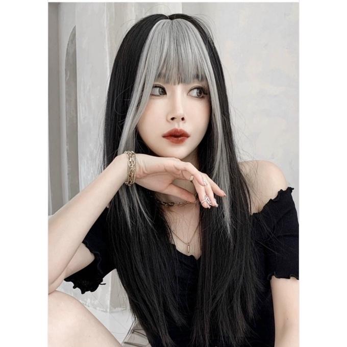 Tóc giả thẳng đen omber bạc