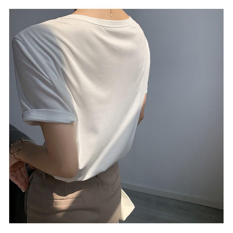Áo Thun Nữ Cổ Tim Cộc Tay - Áo Phông Trơn Nữ Cổ Tim Cotton Cao Cấp, Dáng Xuông Trẻ Trung Năng Động