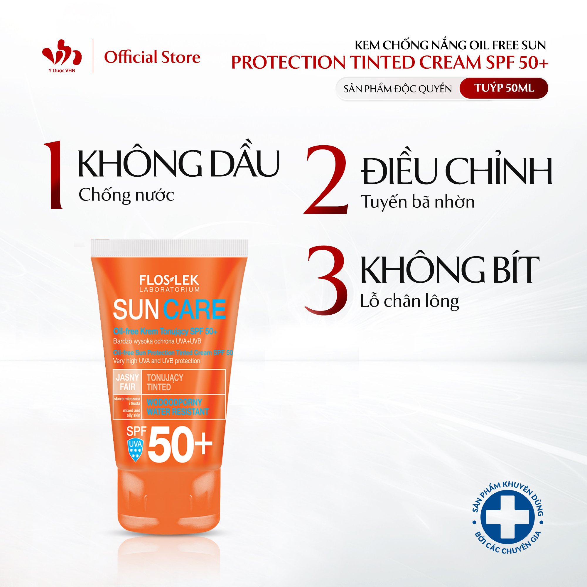 Kem Chống Nắng Cho Da Dầu Mụn Oil Free Sun Protection Tinted Cream SPF 50+ FLOSLEK Giúp Bảo Vệ Da Toàn Diện Tuýp 50ml