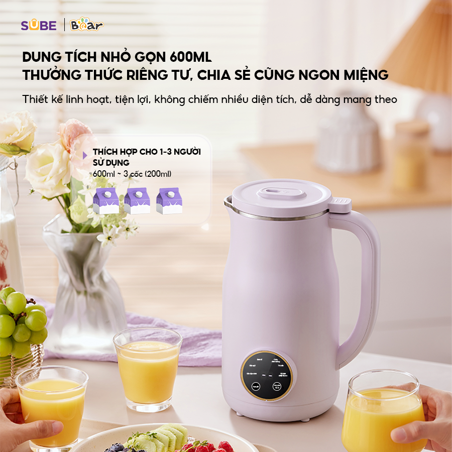 Máy Làm Sữa Hạt 0,6L BEAR Mini Nhỏ Gọn, Máy Xay Hạt Nhuyễn Mịn, Chống Ồn Hiệu Quả, Tự Động Vệ Sinh SB-SH06D - Hàng Chính Hãng