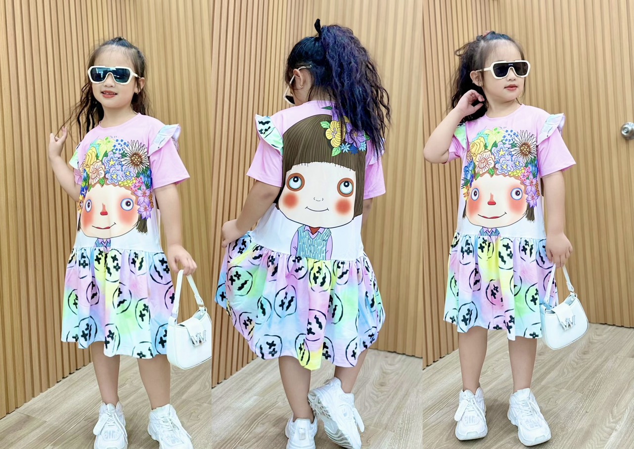 Đầm váy suông mùa hè cho bé gái hình Công chúa Gấu dâu size 12-40kg chất cotton mềm mát