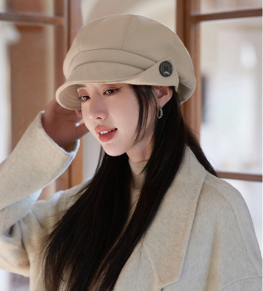Mũ bê rê nỉ trơn đính cúc cao cấp mới, nón beret có vành nữ phong cách Hàn