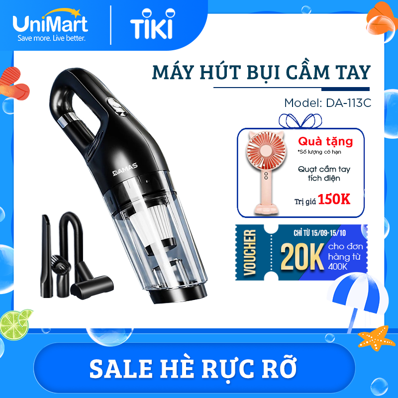 Máy Hút Bụi Cầm Tay Không Dây Damas DA113C - Lực Hút Mạnh Mẽ 16000PA - Đa Năng Hút Bụi Khô Và Ướt - Máy Hút Bụi Ô Tô, Hút Bụi Gia Đình - Hàng Chính Hãng