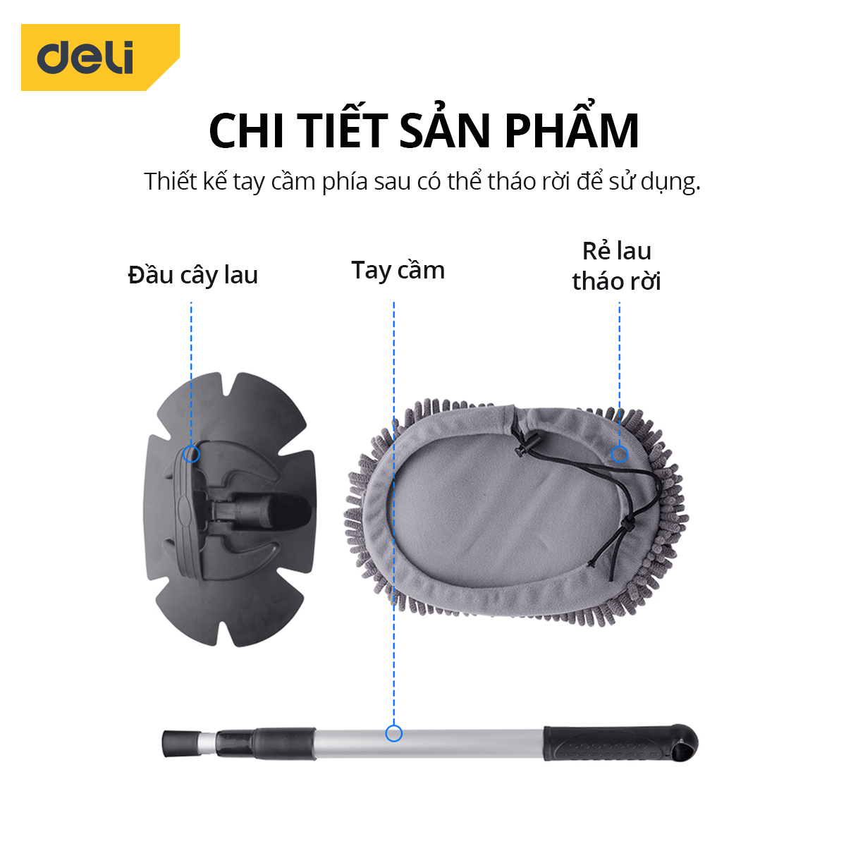 Cây Lau Bụi, Lau Nhà Deli, Có Thể Tháo Rời, Điều Chỉnh Độ Dài Tiện Dụng, Lau Xe, Lau Kính, Lau Sàn Đa Năng - DL8064