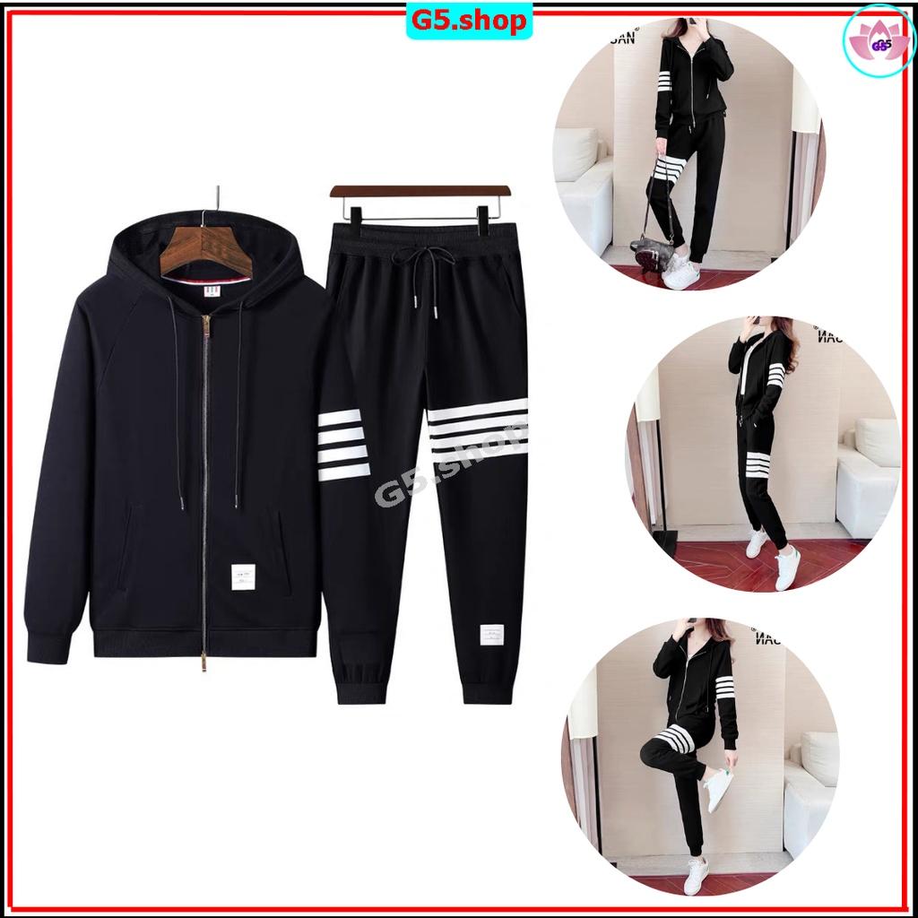 Set nỉ bông nam nữ phối 4 sọc - Áo khoác nam nữ form rộng khóa kéo và quần nỉ jogger nam nữ bo gấu G5