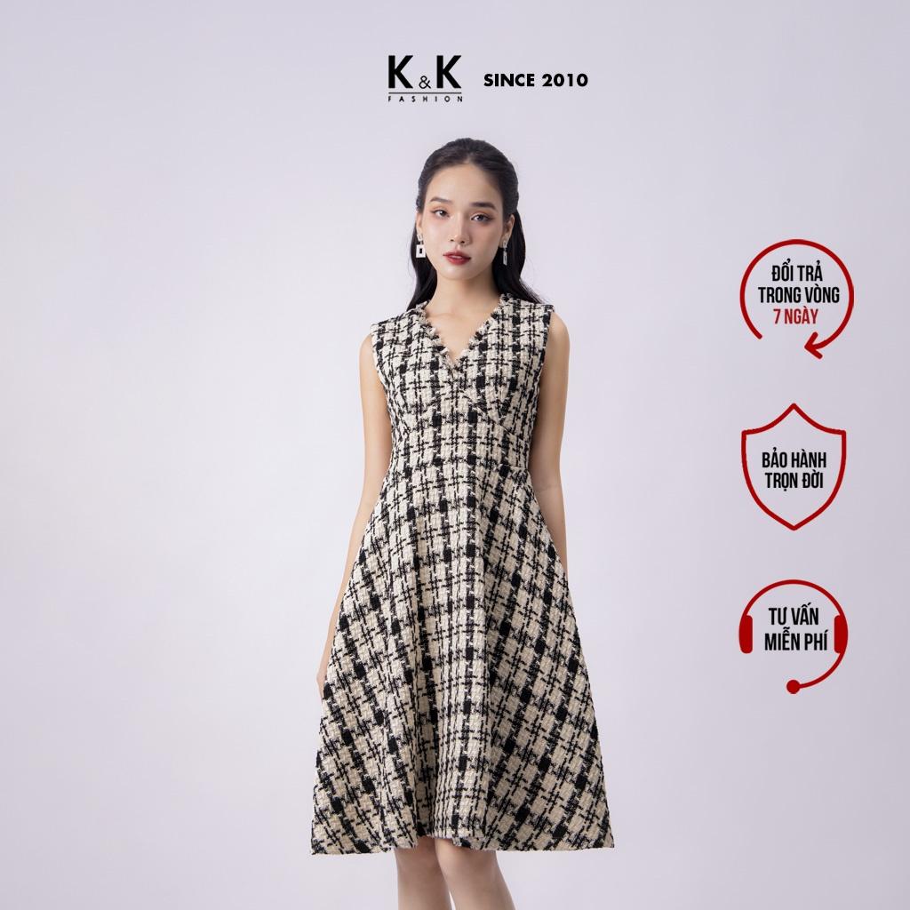 Đầm Xòe Cổ V Vải Tweed K&amp;K Fashion KK130-20 Sát Nách