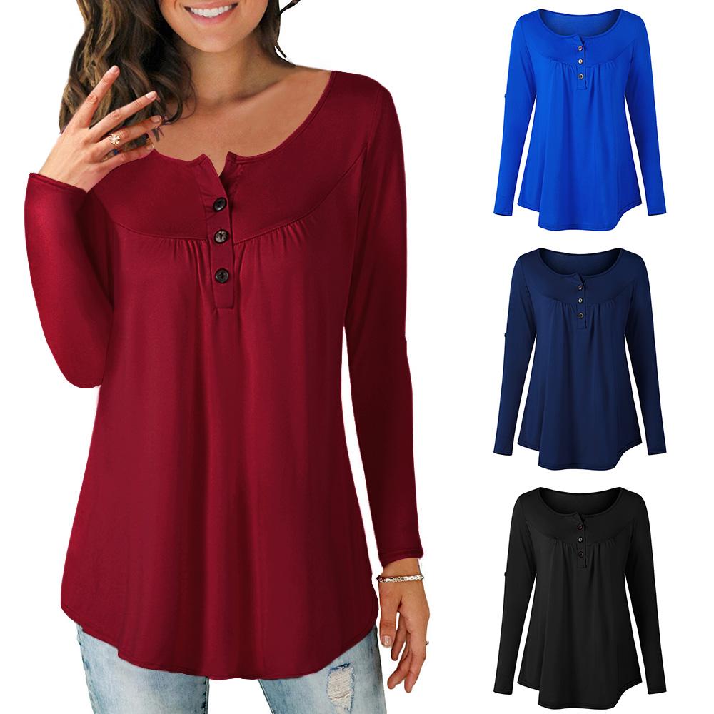 Women Plus Size T-shirt Long Sleeves Buttons Pleated Solid Blouse Casual Tops M-5XL for Lounging Streets Holiday