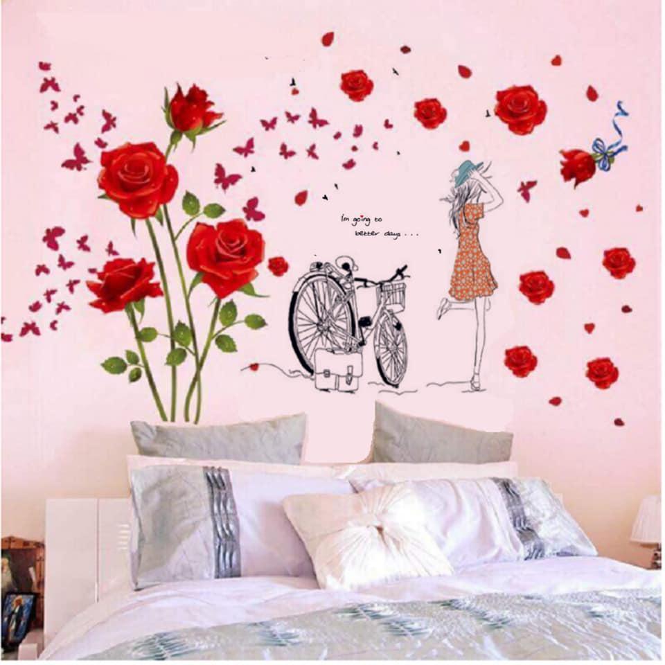 DECAL DÁN TƯỜNG HOA HỒNG NHUNG ĐỎ VÀ CÔ GÁI XE ĐẠP - HP405
