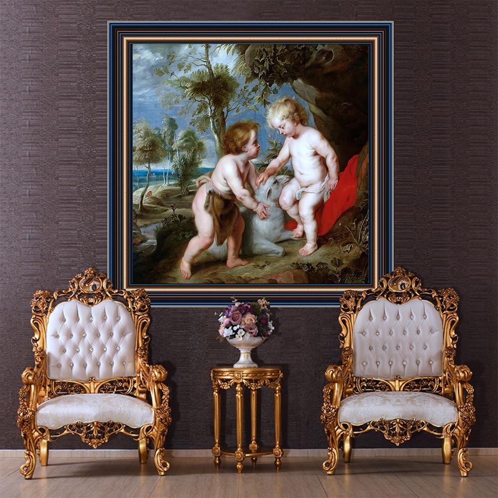 Tranh treo tường Châu âu trang trí phòng khách, phòng ngủ. Bức tranh "The Christ child and boy John - Chúa hài đồng và cậu bé John". MS: 1343