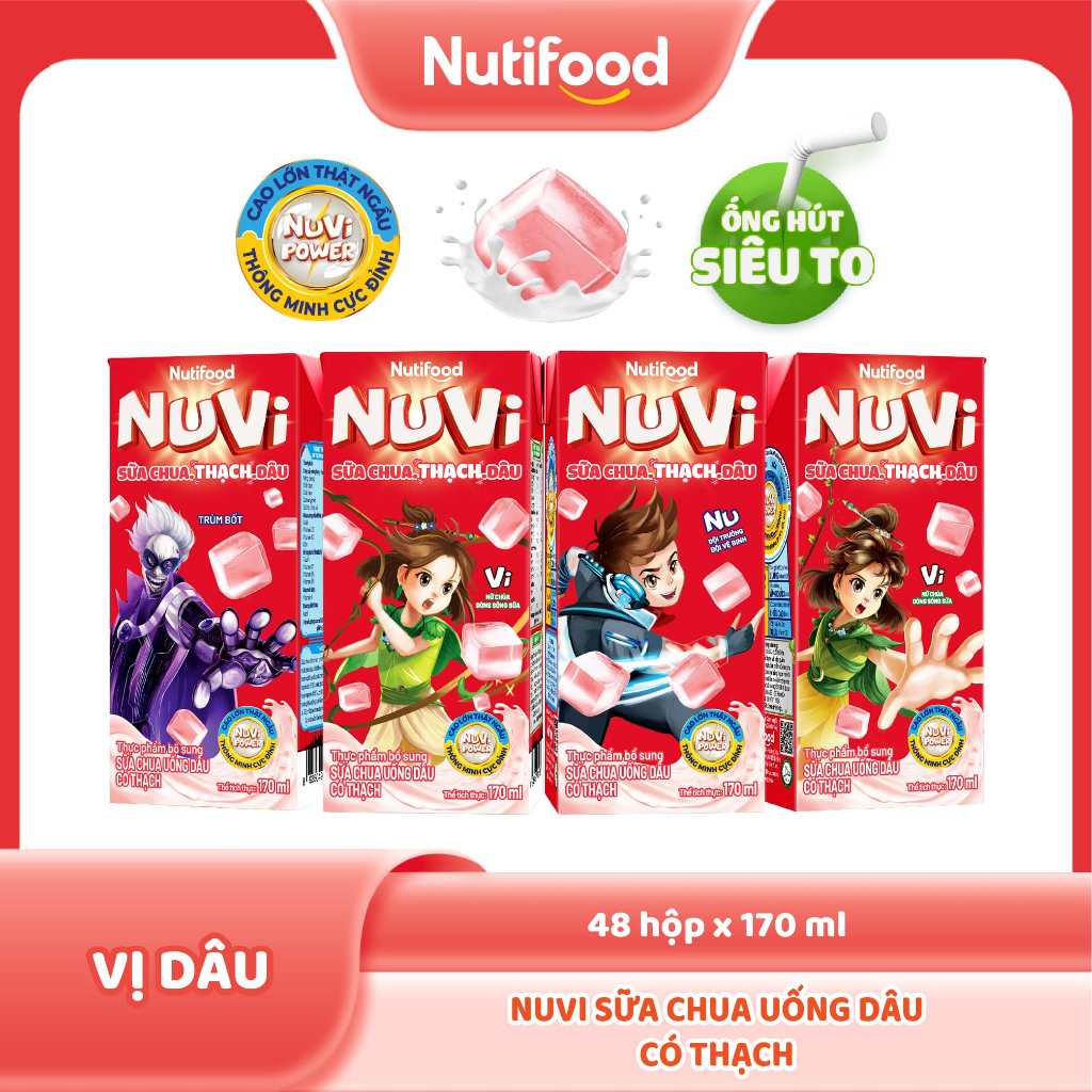 Thùng Sữa Chua Uống Có Thạch Nuvi Vị Dâu 170ml (Hộp 170ml x 48) - Tăng Chiều Cao, Mắt Sáng