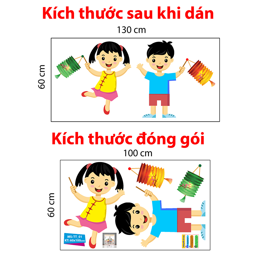 Decal trang trí trung thu 2021 bé trai bé gái xách lòng đèn đi đón Chị Hằng