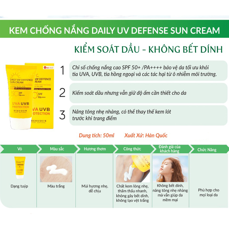 Kem chống nắng kiềm dầu nâng tông da Beauskin Daily Defence Sun Cream 50ml